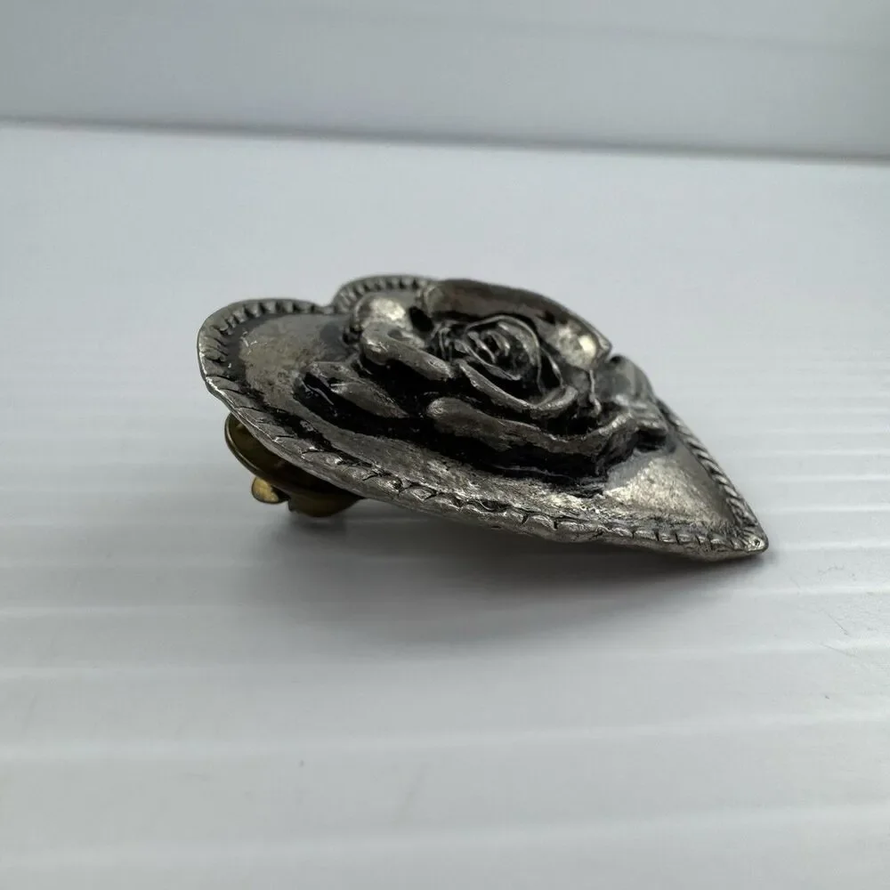 Vintage Heart Rose Brooch Silver Tone Cottagecore Indie Goth Boho Statement Pin